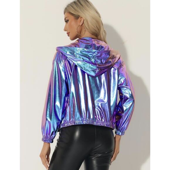 Allegra K Holographic Hooded Jacket For Women Size XL - Picture 3 of 6